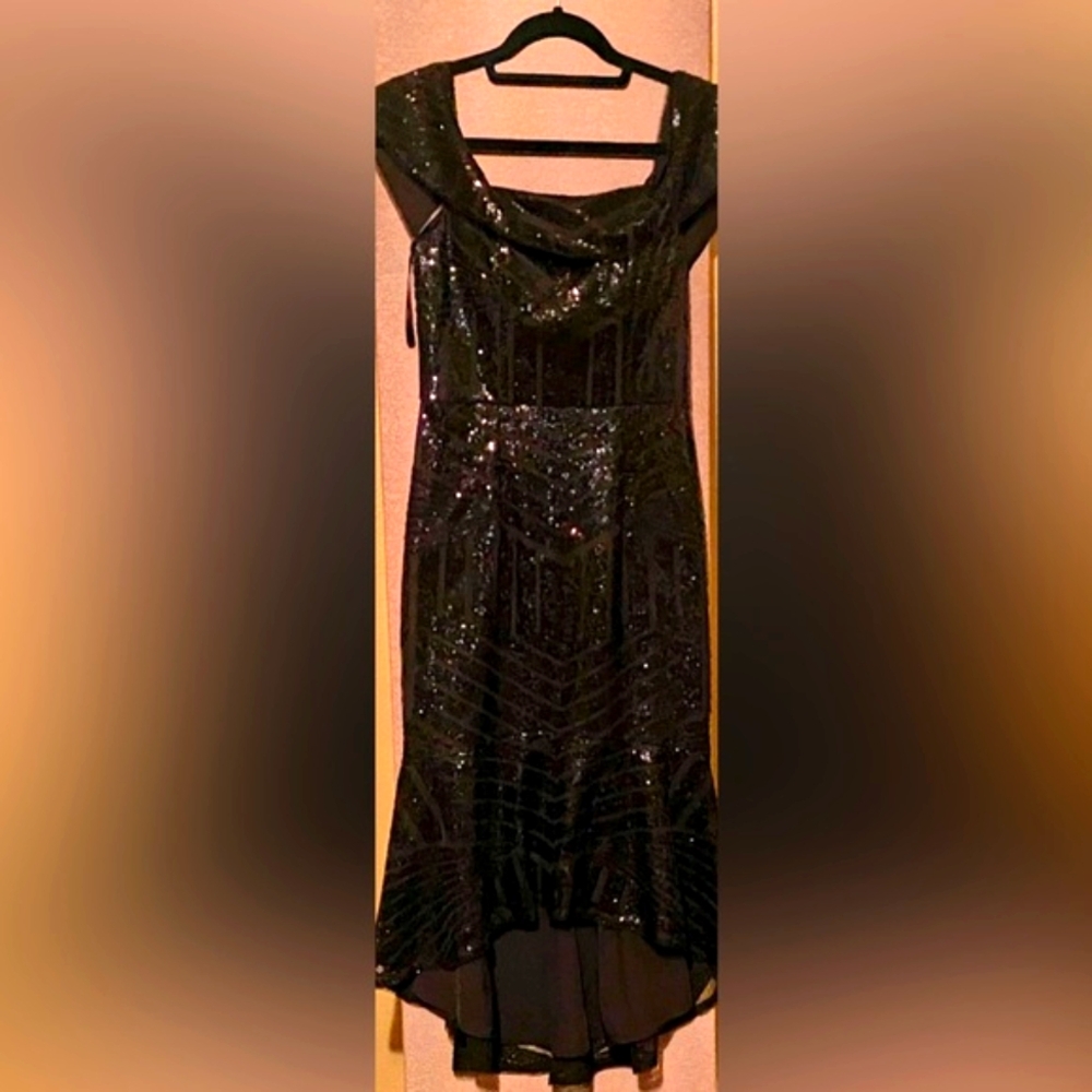 Women's Bariano Stunning Black Sequin Dress High Low Style